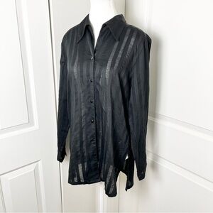Current Sheer Boho Chic Striped Button Down Long Sleeved Blouse - Black, Size 12